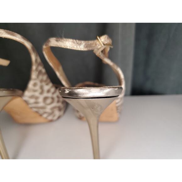 $695 JIMMY CHOO Nova Gold Leopard Shimmer Slingback Open Toe 4" Heels EU 37 US 7 - Picture 7 of 12